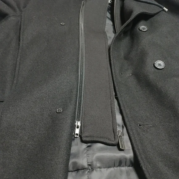 Black Wool Peacoat Hooded Coat XXL Double Breasted